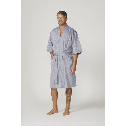 Mens S-7XL Contare Grey Blue Stripe Cotton Light Weight Dressing Gown Robe 