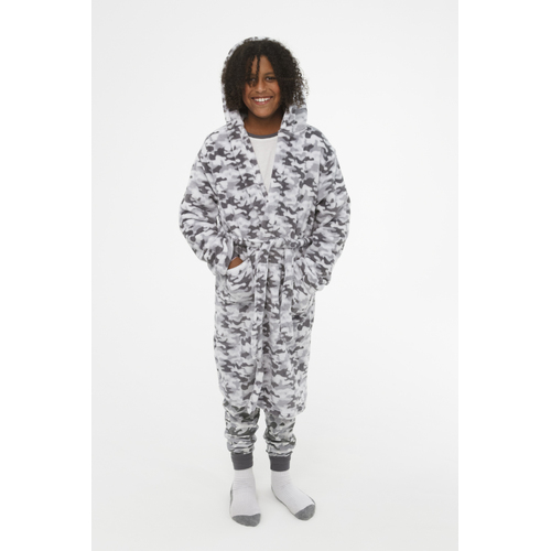 Boys Sizes 8-14 Grey Camo Camouflage Hooded Dressing Gown Bath Robe (2704)
