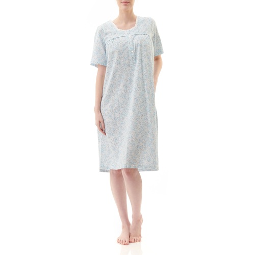 Ladies PJS Givoni Blue Cotton Short Sleeve Nightie Short Length (Sammy 10S)