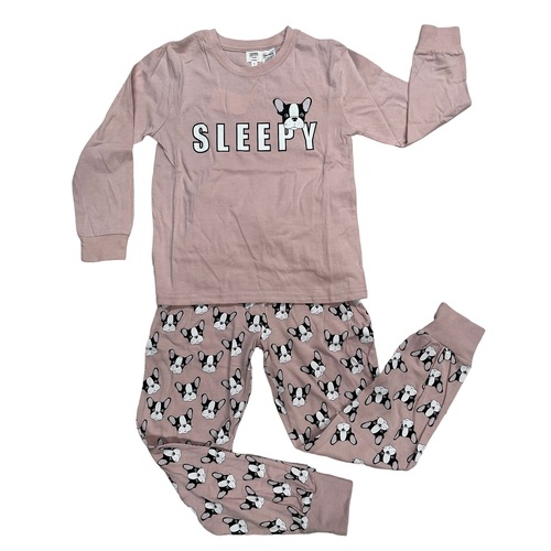 Girls Sizes 8-14 Pink Sleepy French Dog Pyjamas Long Set PJS (3108)