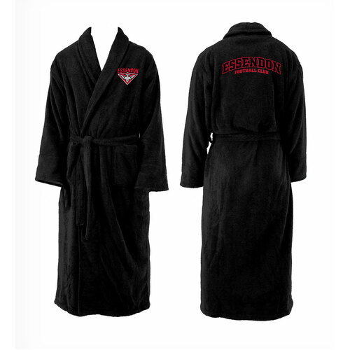 Mens AFL Official Essendon Bombers Black Coral Fleece Robe Dressing Gown