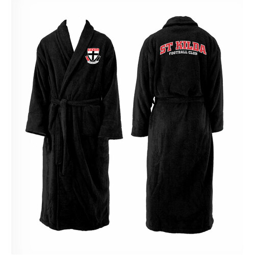 Mens AFL Official St Kilda Saints Black Coral Fleece Robe Dressing Gown