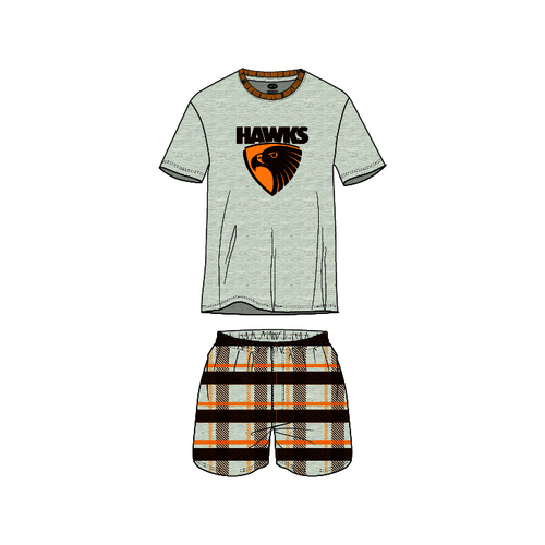 Official AFL Boys & Girls Size 8-16 Hawthorn Hawks Short Check PJS Set