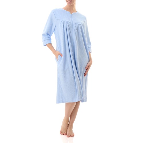 Ladies Givoni Blue Zip Front Cotton Towelling Dressing Gown Robe 3/4 Sleeve (87)