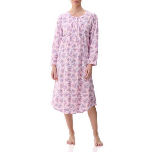 Ladies Givoni Cotton Flannelette Mid Length Nightie PJS Pink Floral (Tiana 71T)