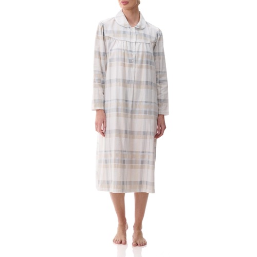 Ladies Givoni Cotton Flannelette Mid Length Nightie PJS Grey Check (Skyler 85S)