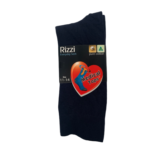 RIZZI Navy Mens 6-11 & 11-14 Aust Made Pure Cotton Medical Loose Top Socks