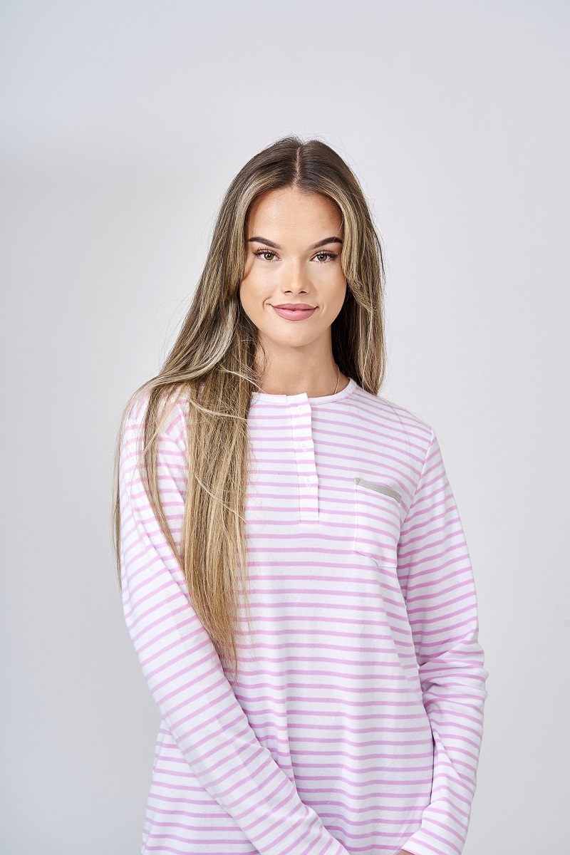 Ladies Pink Stripe Cotton Long Sleeve Nightie PJS Pyjamas HL
