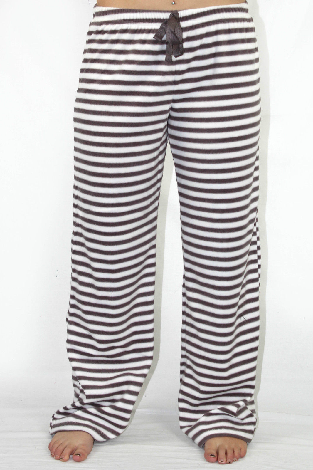 Ladies Coral Fleece Pants Winter Pyjamas PJS White Brown Stripe