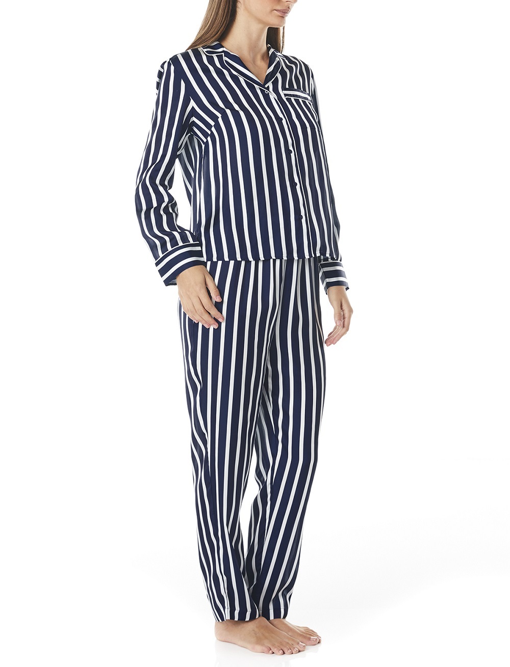 Ladies Gingerlilly Navy Blue Striped Satin Long Pyjamas PJS Zariah