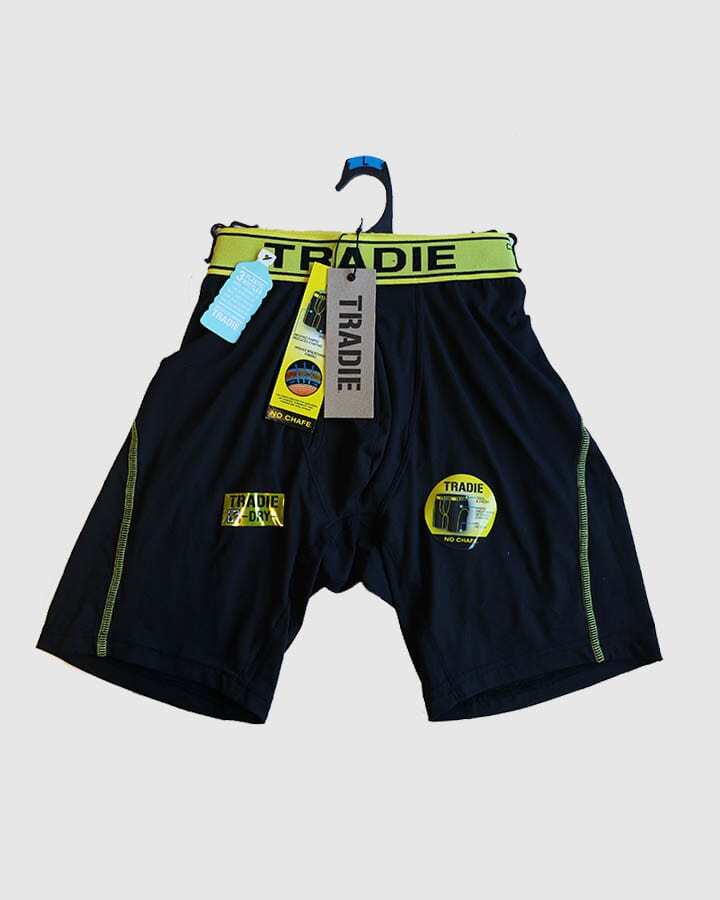 Mens 2 Pack Tradie No Chafe Boxer Shorts Long Leg Trunk Black Yellow (9SK)