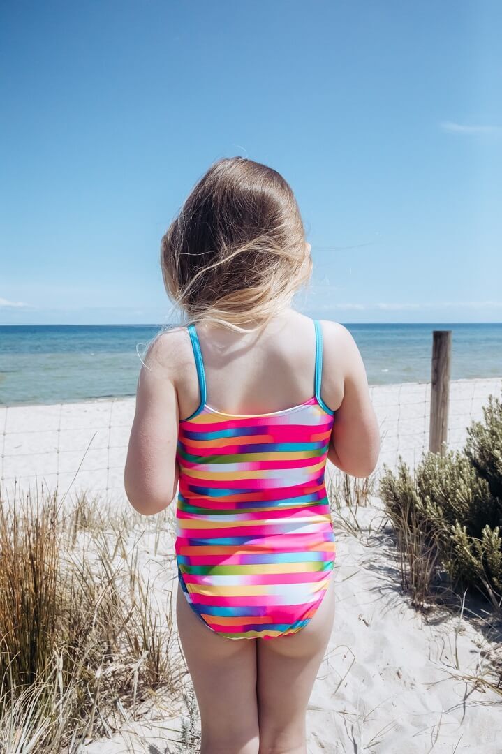 Girls Size 3-7 Bathers Swimsuit Blue Rainbow Stripes
