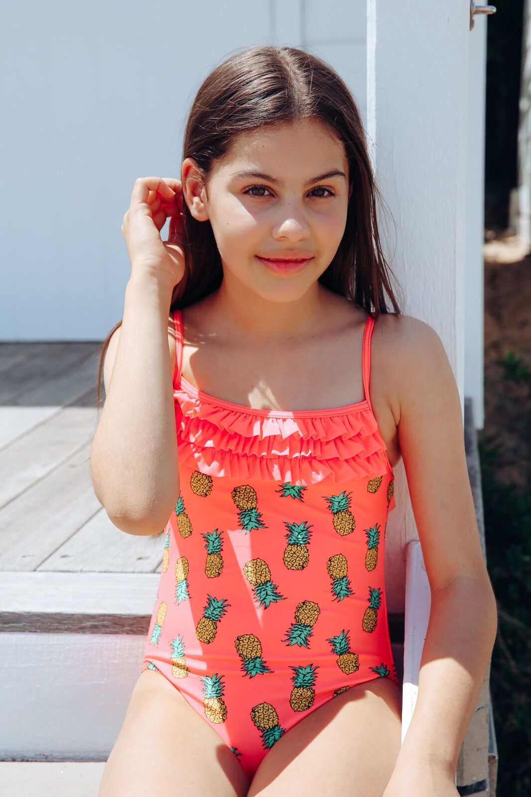 Girls Size 4-7 Bathers Swimsuit Coral Pineapple Print
