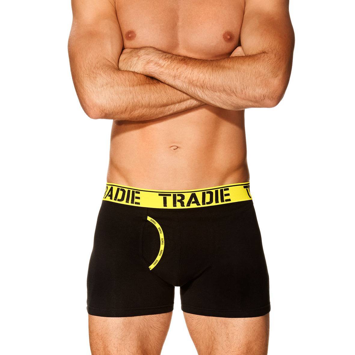 Mens 2 Pack Tradie S-2XL Cotton Boxer Shorts Man Front Trunk Black Yellow  (1SK)