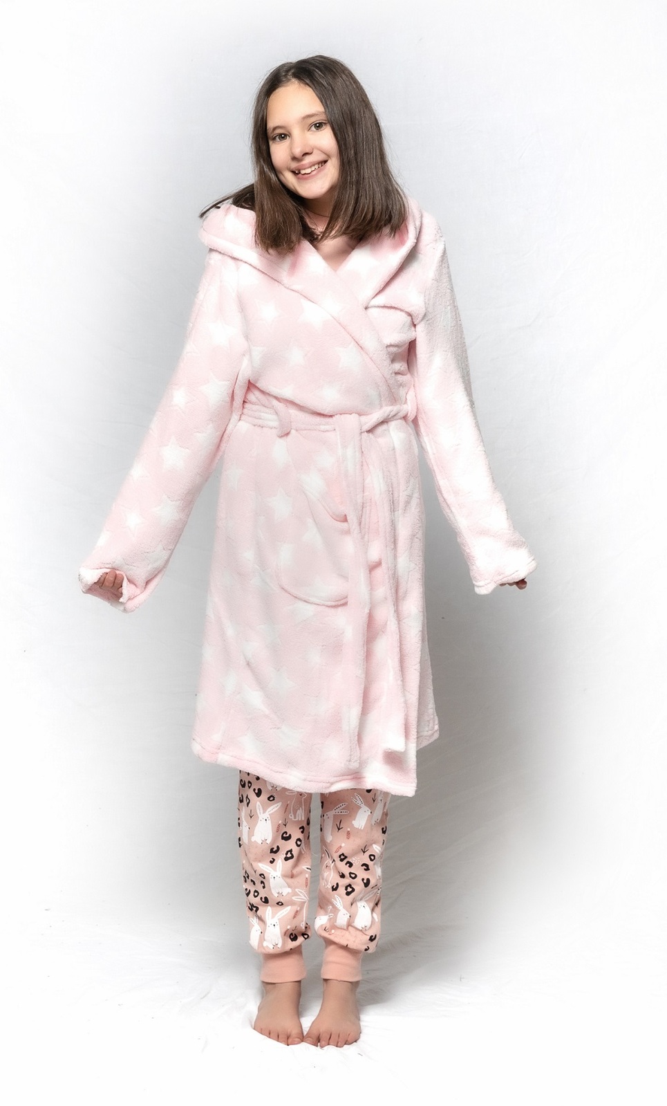 Girls Size 10-16 Pink Stars Winter Fleece Hooded Dressing Gown Bath Robe