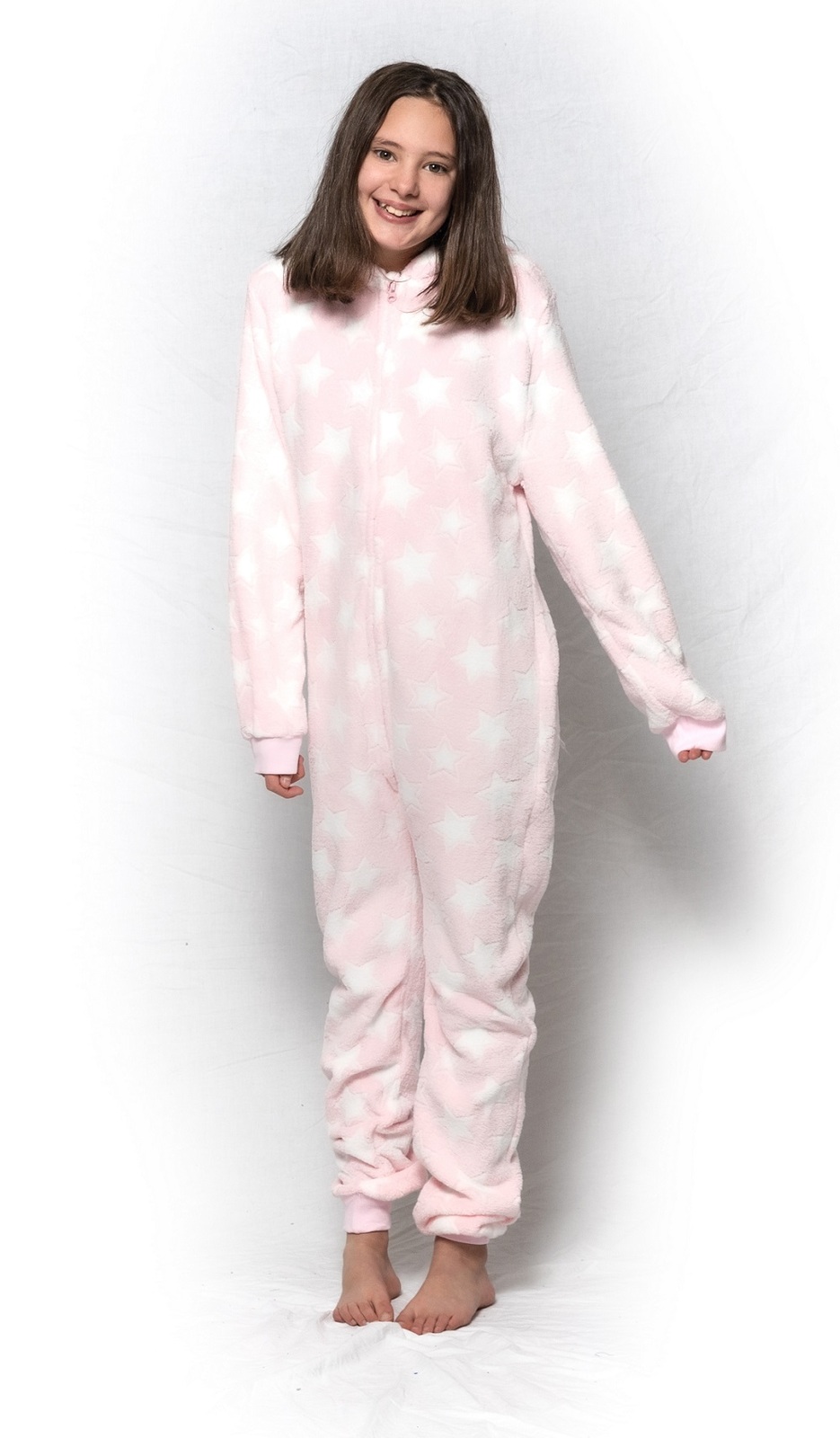 Girls Size 10-16 Pink Star Bear Winter Fleece Hooded One Piece Jumpsuit