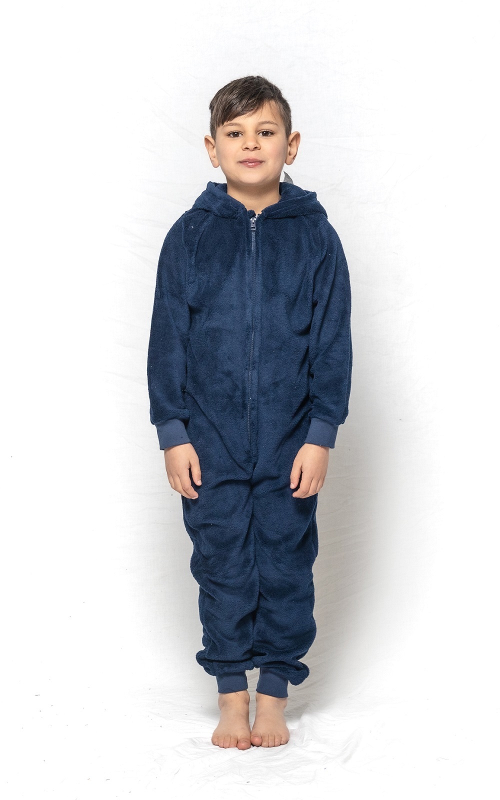 Boys Size 3-8 Navy Blue Shark Winter Fleece Hooded One Piece Jumpsuit