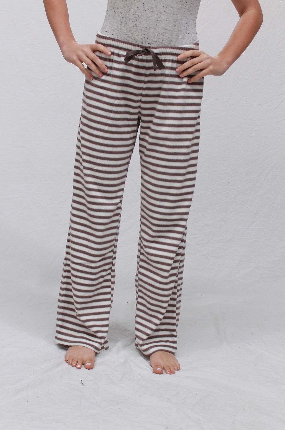 Ladies Coral Fleece Pants Winter Pyjamas PJS White Brown Stripe