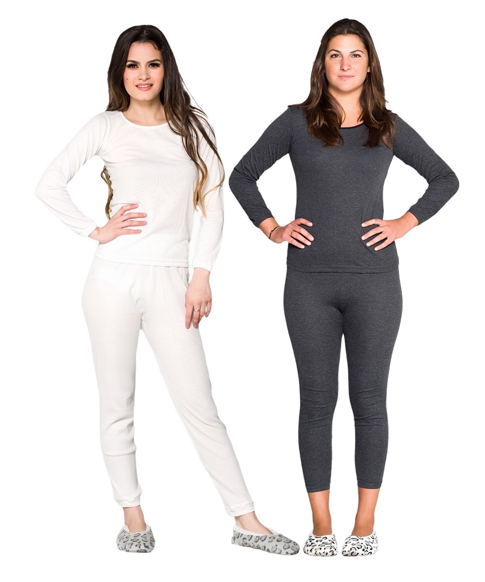 Ladies Wool Blend Thermal Long Sleeve Top and Long Pants Set Beige or Black