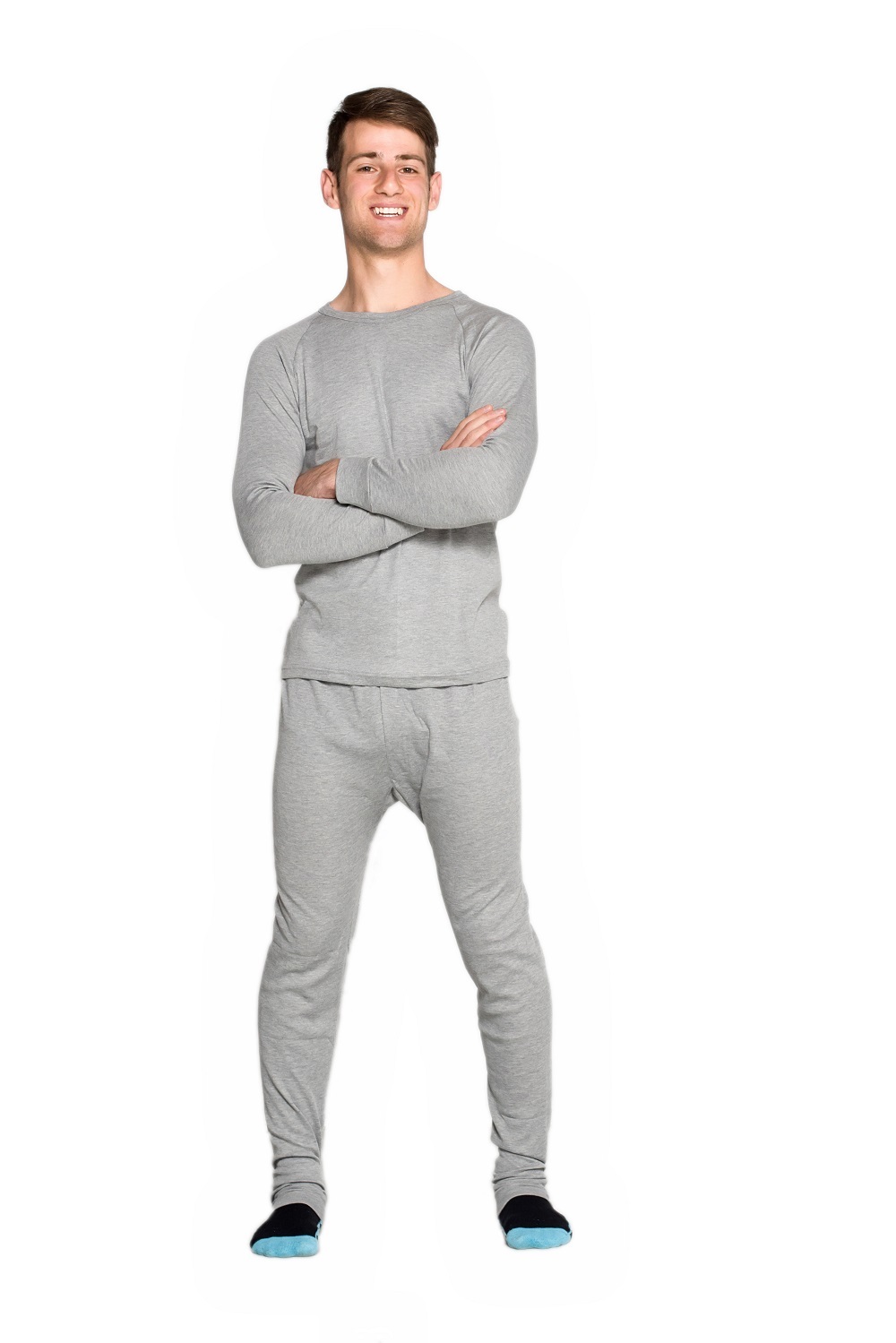 Mens Grey 2 Piece Set Cotton Blend Thermal Underwear Long Top & Long Pants