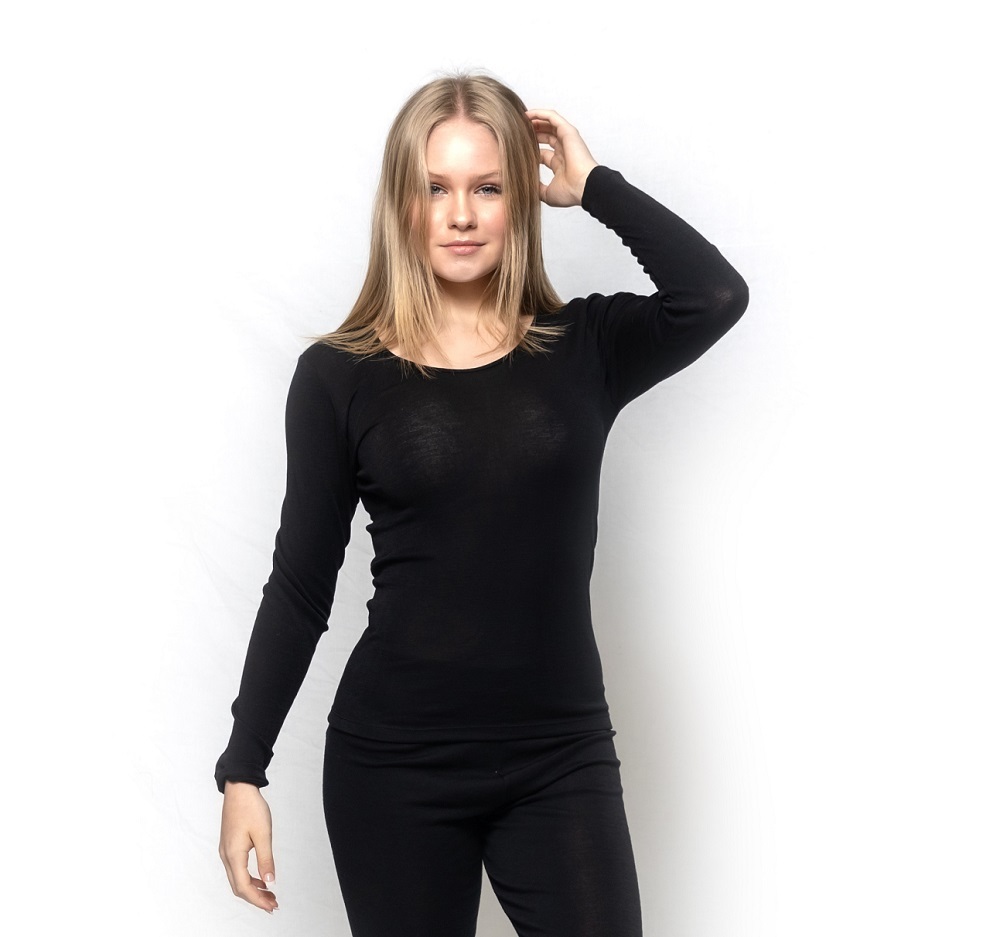 Ladies Brandella Thermals Spencers Pure Wool 200gsm Long Sleeve Top Black