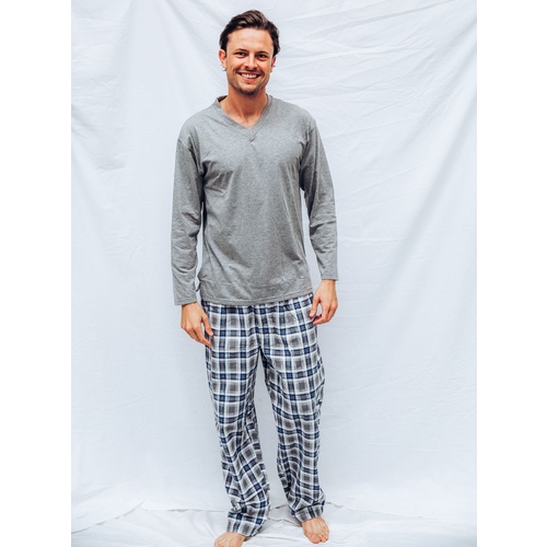 Mens PJS Size S-XXL Pyjamas Pelaco Cotton Top Flannel Pants Light Grey 6143303