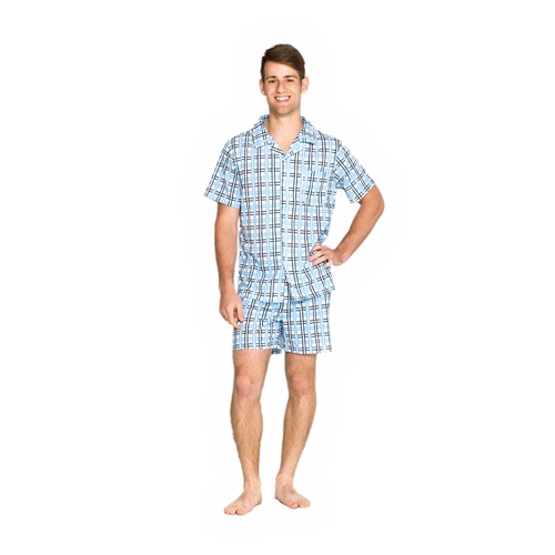 Mens Short Summer Cotton Blend Pyjamas (S-XXL) Pjs Set Blue Checkered