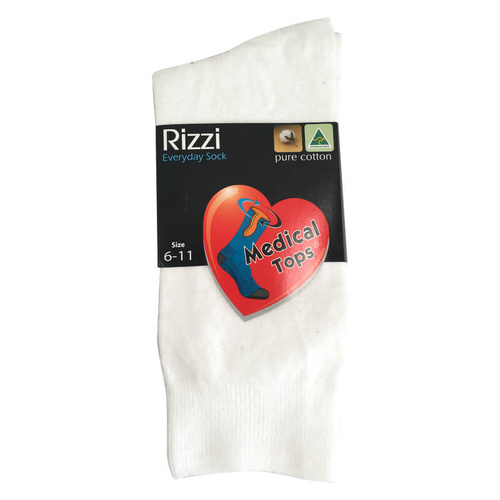 Mens Rizzi Australia Made White Pure Cotton Medical Circulation Loose Top Socks 