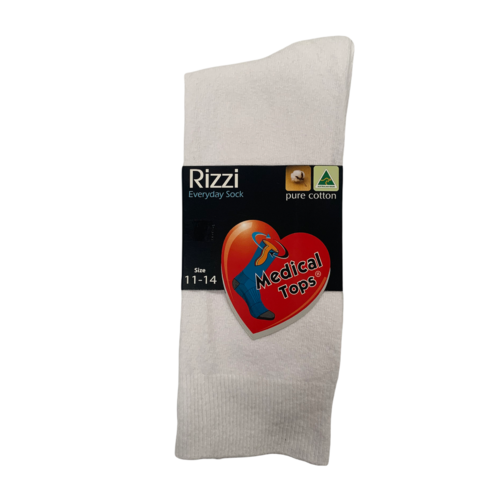 RIZZI Mens White 6-11 & 11-14 Aust Made Pure Cotton Medical Loose Top Socks 