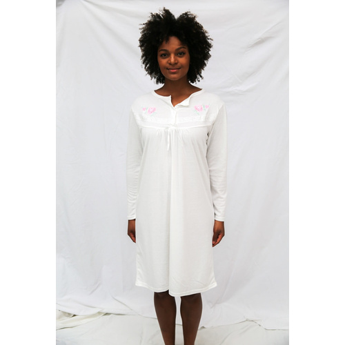 Womens Sizes 12-26 White Long Sleeve Cotton Winter Lightweight Nightie - 016
