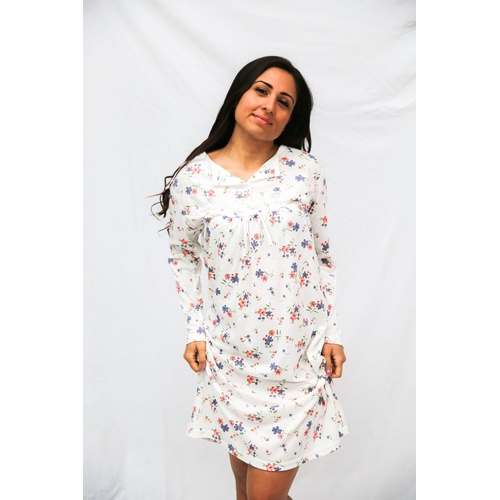 Womens Sizes 12-26 Bright Floral Print Long Sleeve Cotton Winter Nightie - 020