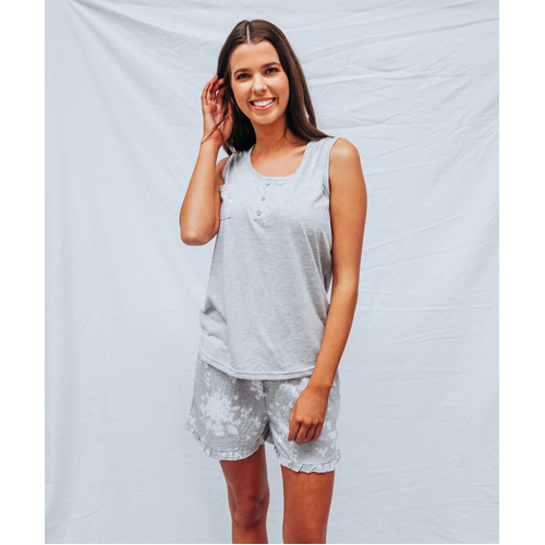 Womens Plus Size Grey Floral Singlet Summer Shorts Pyjama Set