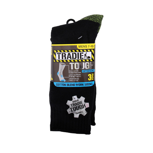 TRADIE 6 Pairs Mens 7-10, 11-13 Cotton Blend Work Boot Socks Black Assorted (9BW)