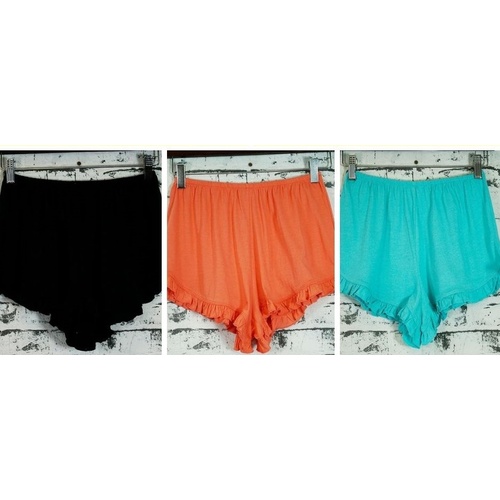Ladies PJS Cotton Blend Frill Knit Sleep Shorts Pyjamas Black, Coral or Teal (1079)