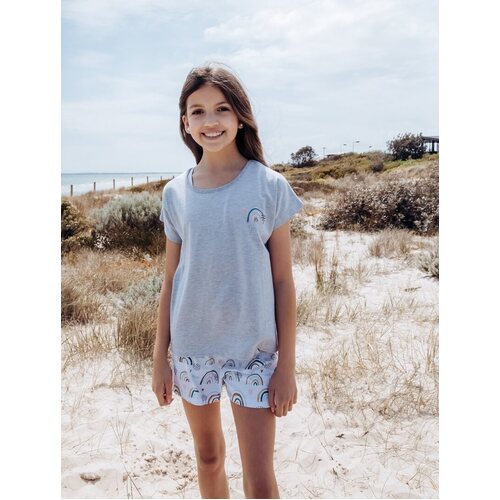 Girls PJS Sizes 8-14 Summer Cotton Short Sleeve Pyjamas Grey Rainbow