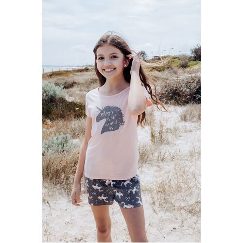 Girls PJS Sizes 8-14 Summer Cotton Short Sleeve Pyjamas Pink Unicorn