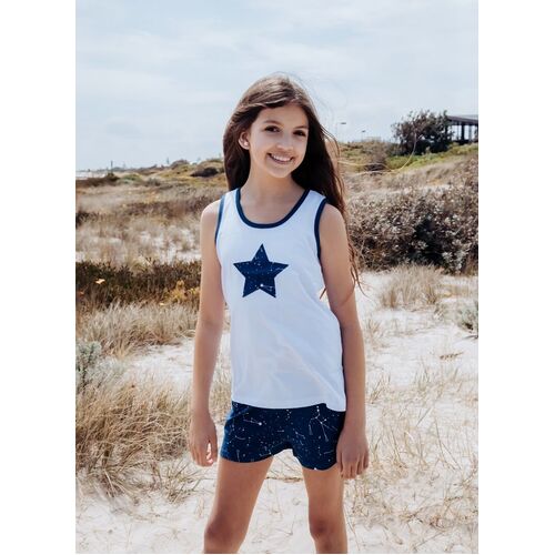 Girls PJS Sizes 8-14 Summer Cotton Singlet Short Pyjamas White Navy Star 