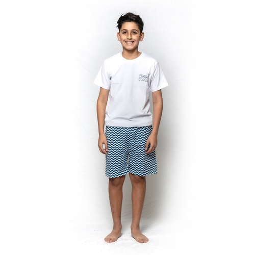 Boys PJS Sizes 8-14 Summer Cotton Short Sleeve Pyjamas White Paradise