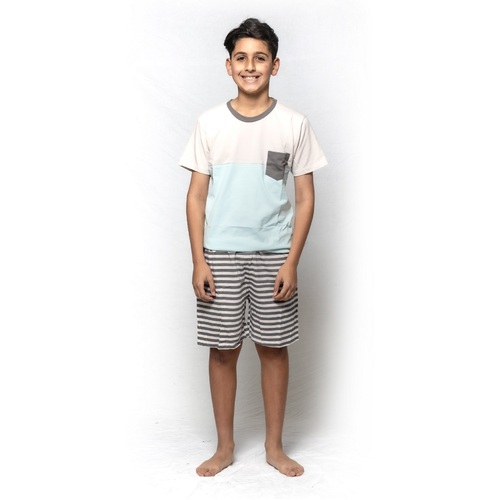 Boys PJS Sizes 8-14 Summer Cotton Short Sleeve Pyjamas Blue Beige