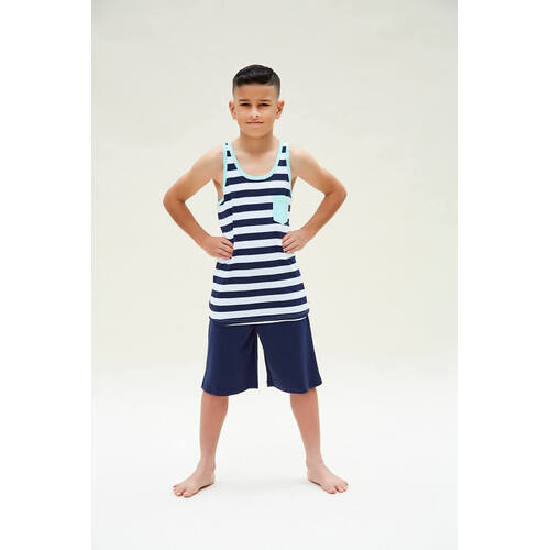 Boys Sizes 9-16 Navy Blue Stripe Cotton Singlet PJS Pyjamas HL