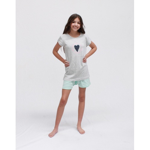Girls Sizes 10-16 Grey Heart Cotton Short Sleeve PJS Pyjamas HL