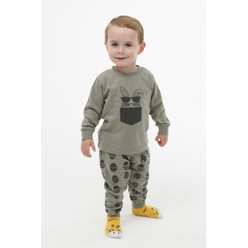 Boys Sizes 0-2 Khaki Bunny Long Set PJS Pyjamas