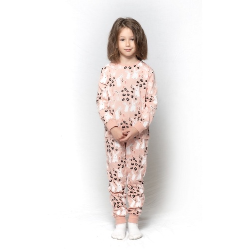 Girls Sizes 3-7 Dusty Pink Bunny Rabbit Print Pyjamas Long Set PJS