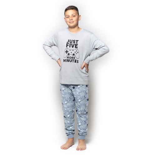 Boys Sizes 8-14 Grey Controller Long Set PJS Pyjamas 