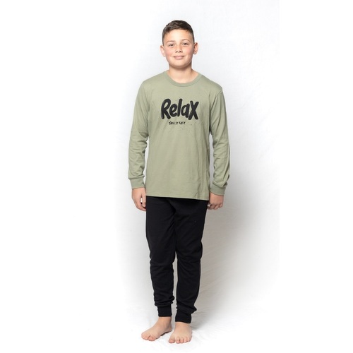 Boys Sizes 8-14 Khaki Relax Long Set PJS Pyjamas 