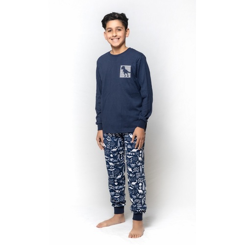 Boys Sizes 8-14 Blue Dinosaur Long Set PJS Pyjamas 