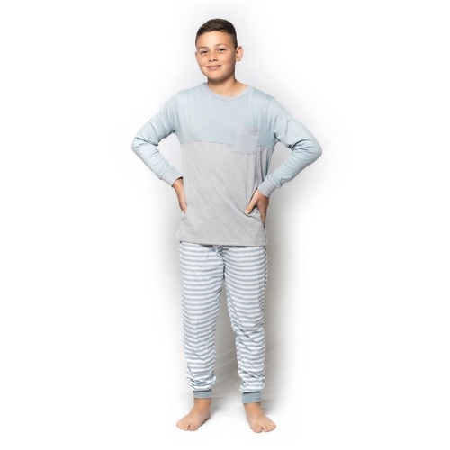 Boys Sizes 8-14 Blue Grey Pocket Long Set PJS Pyjamas 