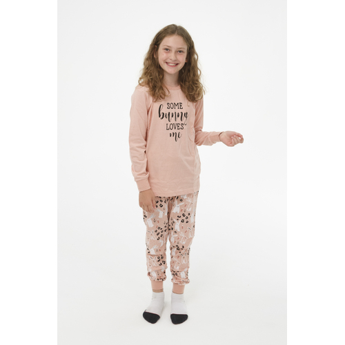 Girls Sizes 8-14 Dusty Pink Bunny Loves Me Pyjamas Long Set PJS