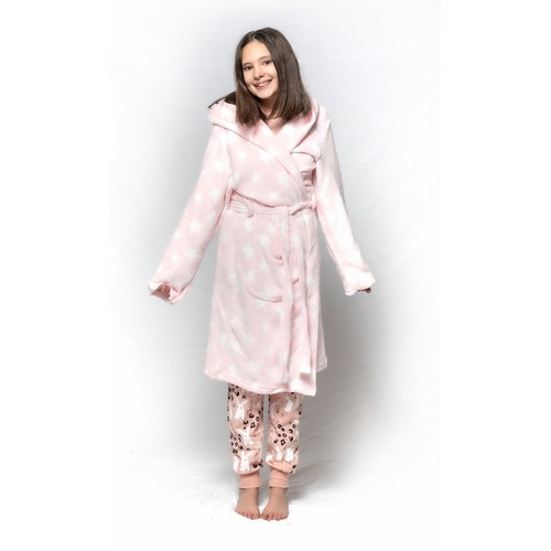 Girls Size 10-16 Pink Stars Winter Fleece Hooded Dressing Gown Bath Robe