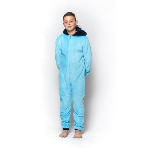 Boys Size 10-16 Aqua Blue Dinosaur Winter Fleece Hooded One Piece Jumpsuit 